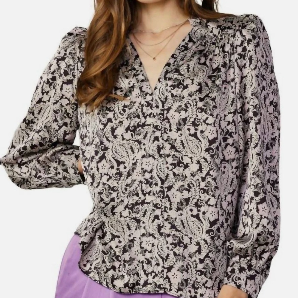 Current Air Jacquard Paisley Satin Vneck‎ Blouse In Pink Purple Black- Medium
